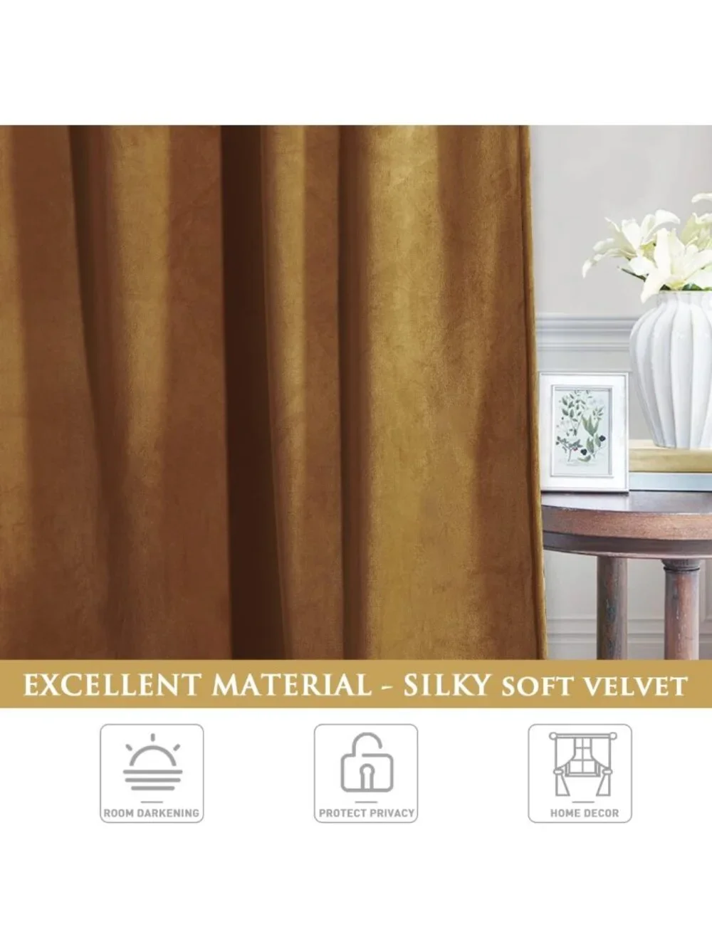 Boho Gold Brown Velvet Curtains, 2 Panels, Back Tab, W52 x L90, Fall Decor